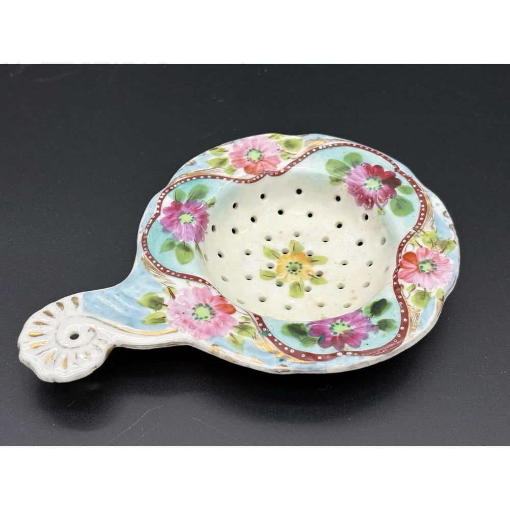 Antique Hand Painted Porcelain Tea Strainer Vibrant Pink Roses Gold Moriage Trim - Picture 2 of 8